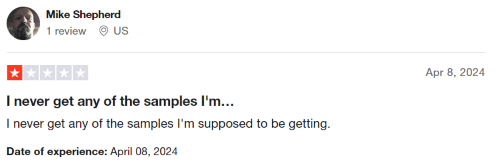 A 1-star Ipsos iSay review from a user who says they haven't received the product samples they were supposed to get. 