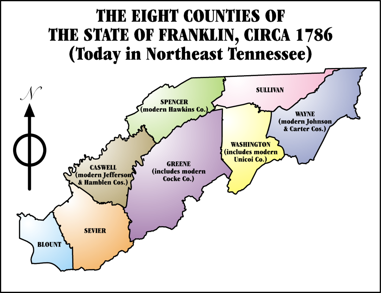 A map marking the boundaries of the State of Franklin. It marks the eight counties that comprised the state.