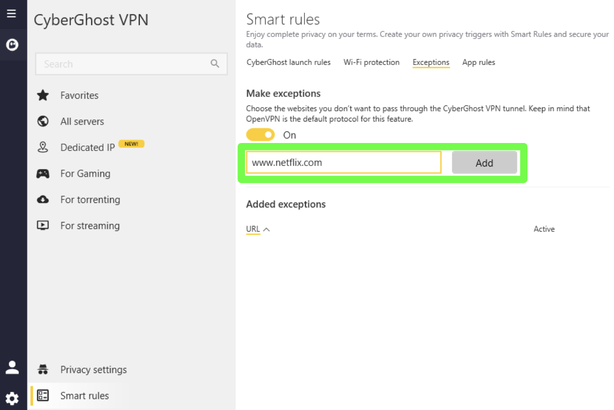 Screenshot of a user adding Netflix.com to the Exceptions feature in the CyberGhost VPN for Windows app