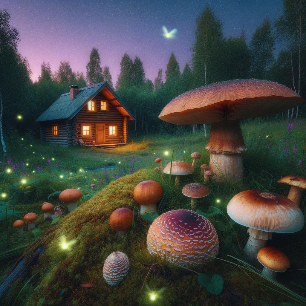 Photo of a small, cozy wooden cabin nestled in a clearing. The ground is covered in soft grass and the surrounding area is dominated by giant mushrooms with various colors and patterns. Some of the mushrooms have large caps, while others stand tall and slender. The scene is set at twilight, with a purplish-blue sky and the first stars beginning to appear. Glowing fireflies float in the air, illuminating the area with their gentle light.