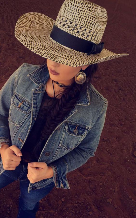 Pictures of lady rocking denim with her mexican hat