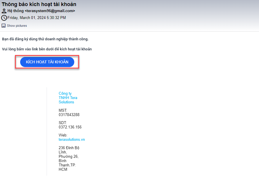Kích hoạt tài khoản Tera CRM
