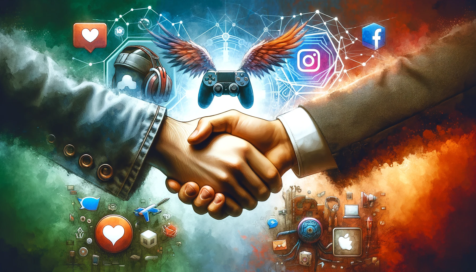 A handshake between a gaming influencer and a brand manager, symbolizing a successful partnership, with a backdrop of social media icons and gaming imagery.