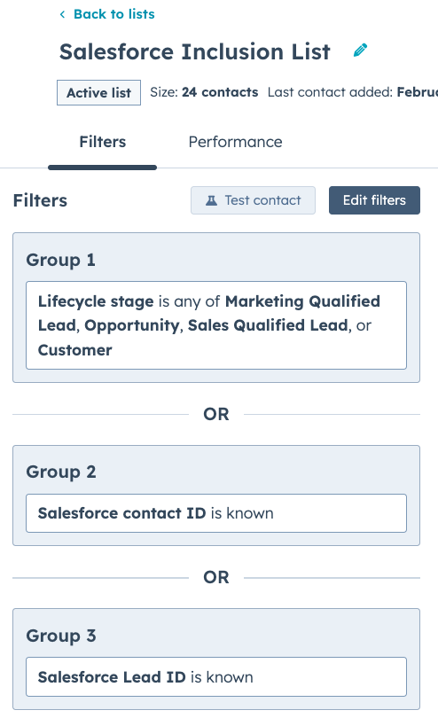 Screenshot of the recommended filters for the HubSpot Inclusion List in the HubSpot Salesforce Integration