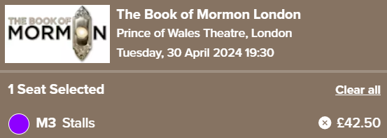 Tickets for The Book of Mormon in London for Tuesday 30th April at 19:30. Seats Stalls M3 priced at £42.50