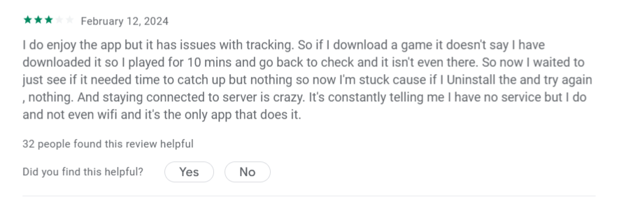 A 3-star Google Play review from a Scrambly user who says the app says he's losing service when he's not, so he can't get credited for tasks he completes. 