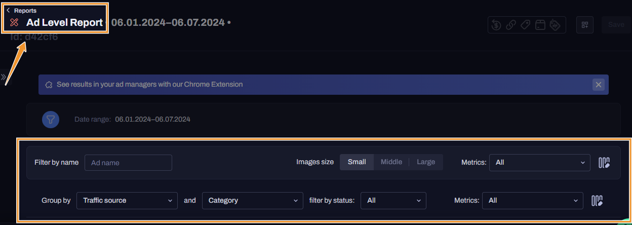 Hyros’ Ad Level Report includes filtering options to determine how certain metrics are performing.