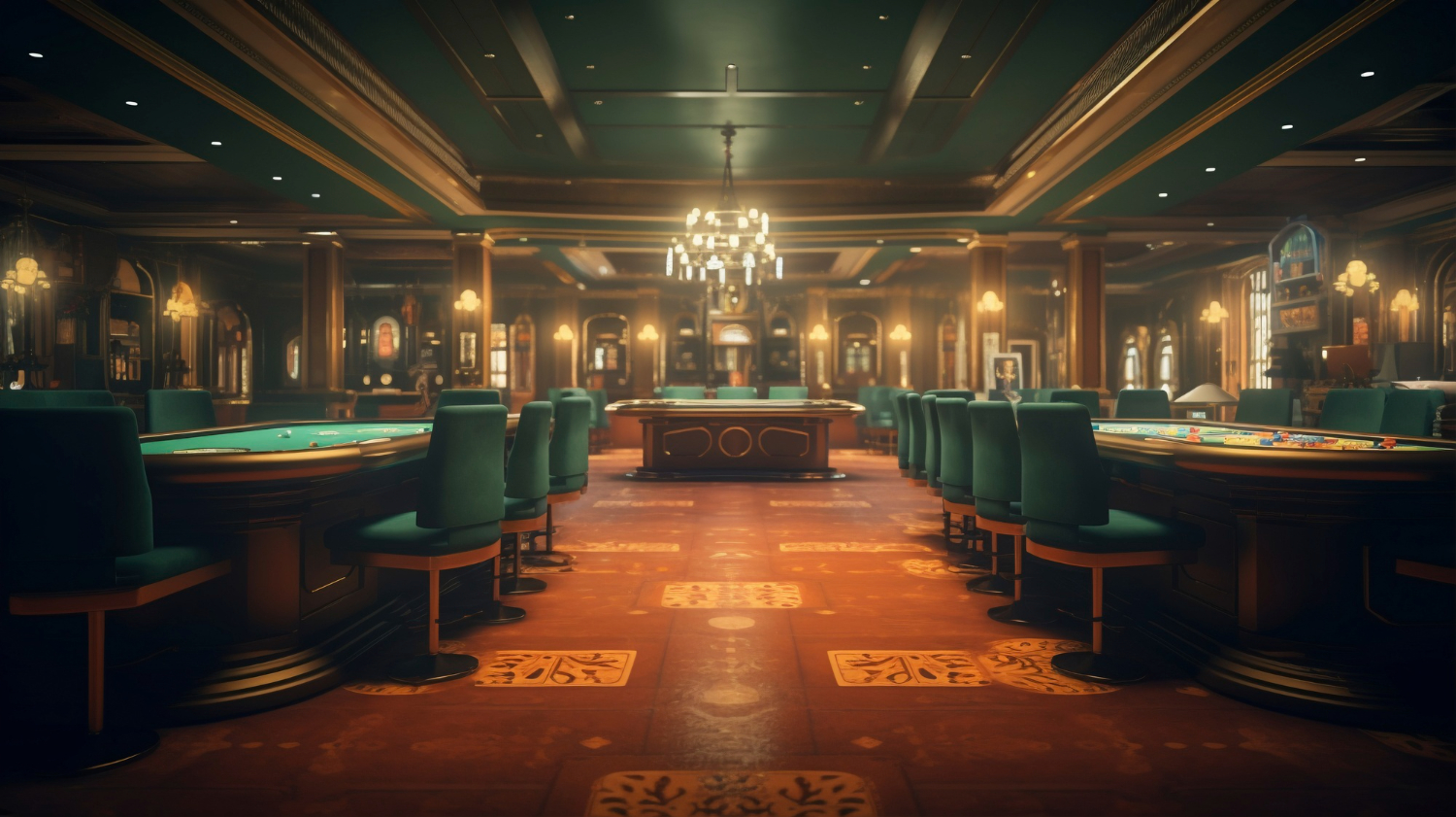 An elegant and empty casino interior with gaming tables and chairs under chandelier lighting.