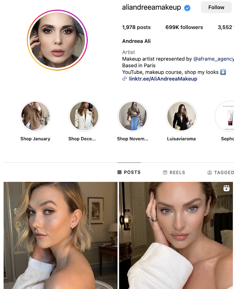 Andreea Ali shares makeup tutorials on her Instagram account. 