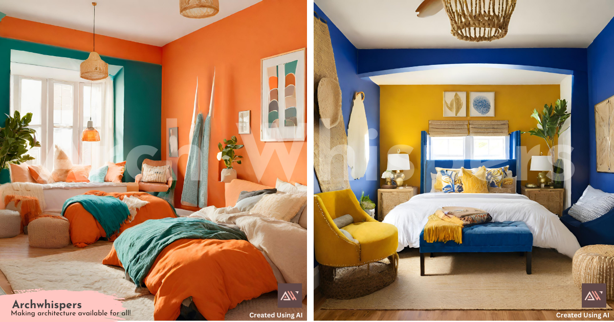 A Collage of Two Bedrooms Featuring Teal and Yellow Walls