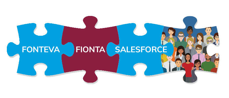 Fonteva, Fíonta, and Salesforce are each depicted as interlinked puzzle pieces, representing how they help associations connect with members. 