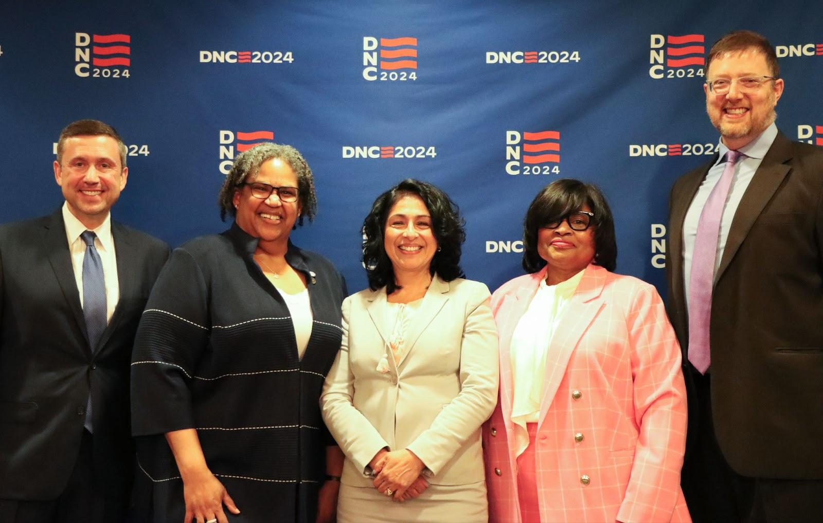 Image of ASDC President Ken Martin, Democratic Party of Michigan Chair Lavora Barnes, Democratic Party of Illinois Chair Lisa Hernandez, Democratic National Convention Chair Minyon Moore and Democratic Party of Wisconsin Chair Ben Wikler.