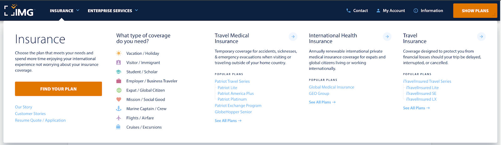 IMG Insurance coverage types screenshot. Highlights IMG's Travel Medical Insurance plan options, International Health Insurance plan options, and Travel Insurnace plan options