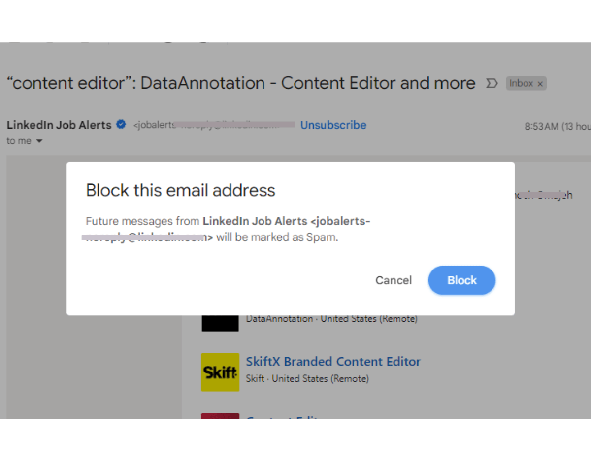 Pop-up window saying Block this email address
