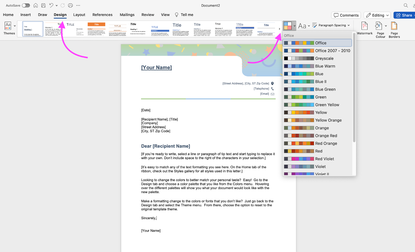 Changing the color scheme for word letterhead