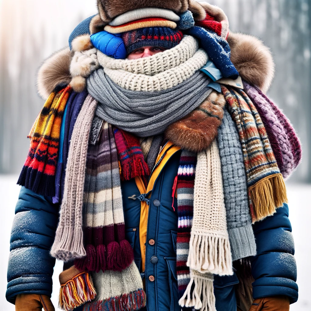 Man wearing a dozen coats and scarves