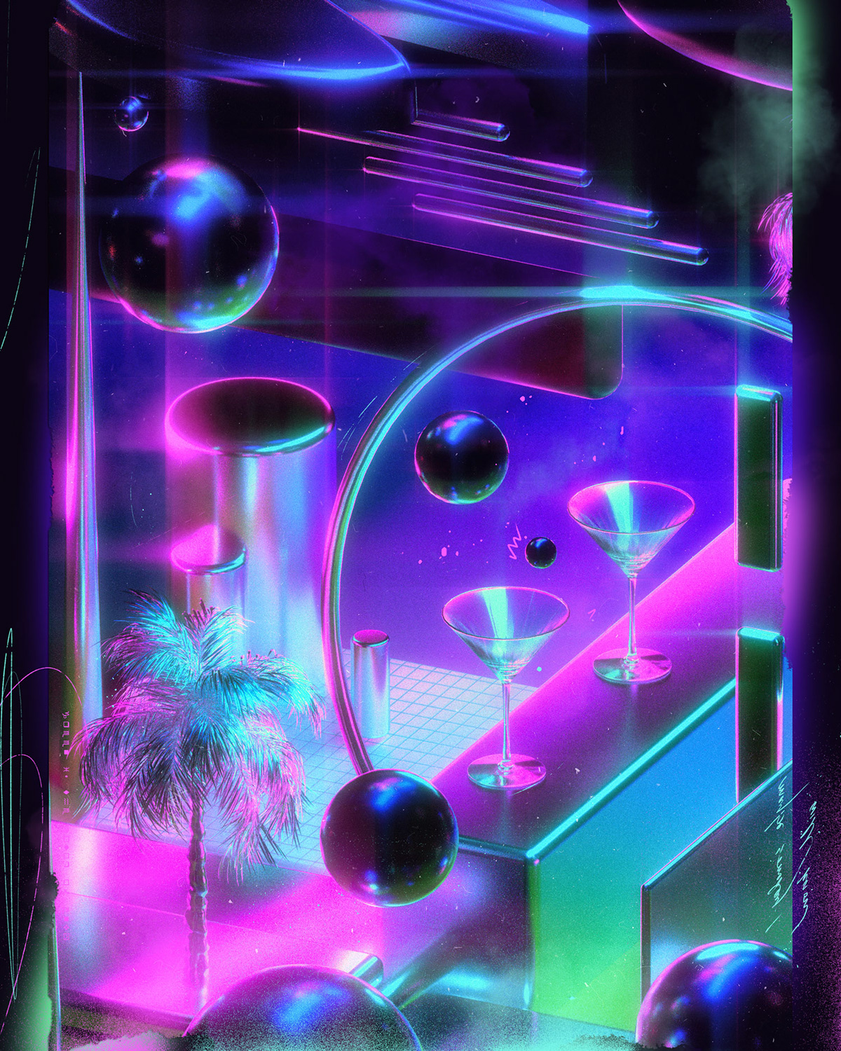 3D cinema 4d Retro retrowave grunge collage Render Synthwave 80s neon