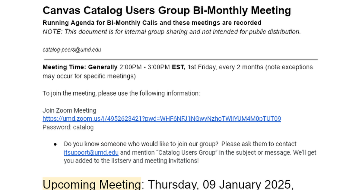 Canvas Catalog Users Group Monthly Meeting