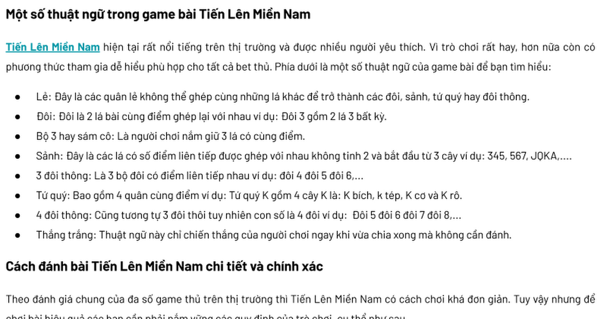 Một số thuật ngữ trong game bài Tiến Lên Miền Nam