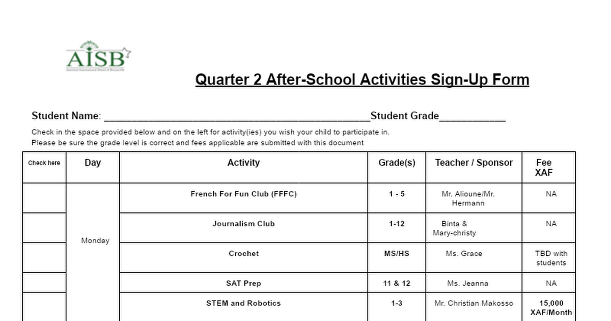 Quarter 2 After-School Activities Sign-Up Form 2024/25