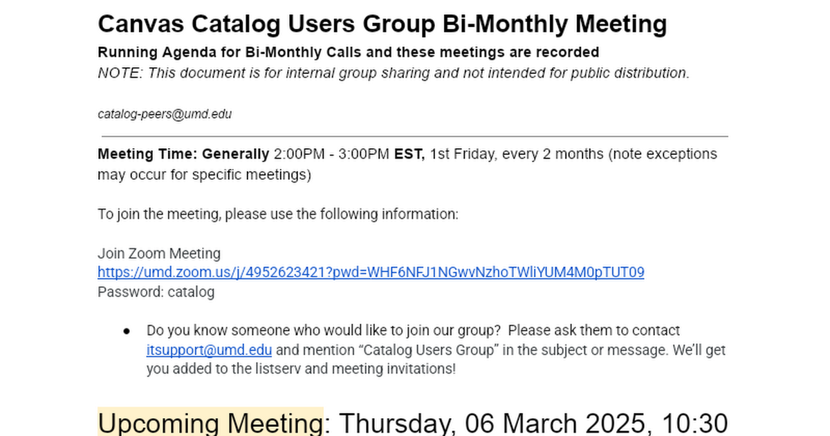 Canvas Catalog Users Group Monthly Meeting