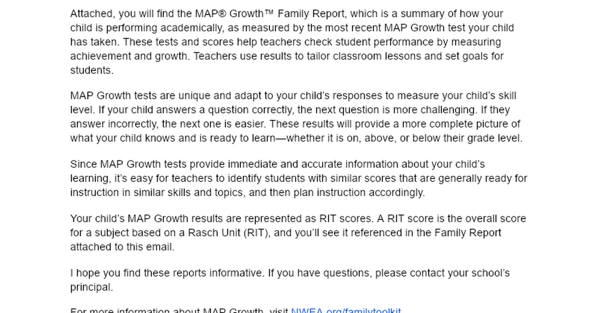 MAP Score Email with Family Reports 2024-2025