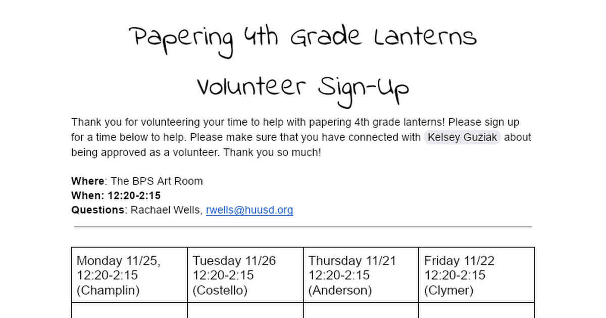 Papering 4th Grade Lanterns Volunteer Sign-Up