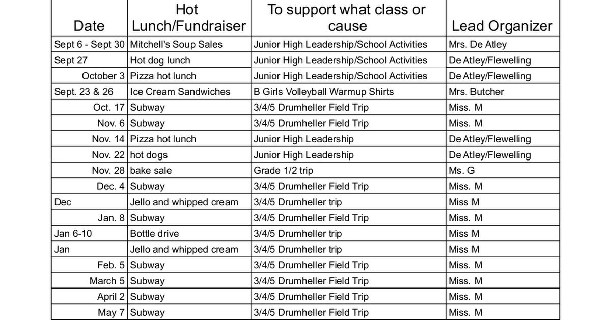 Hot Lunch Calendar and Fundraising Dates Schedule 2024-25