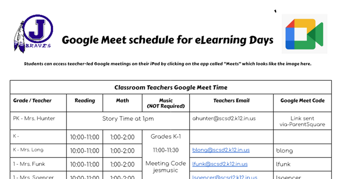 JES eLearning Google Meet Schedule