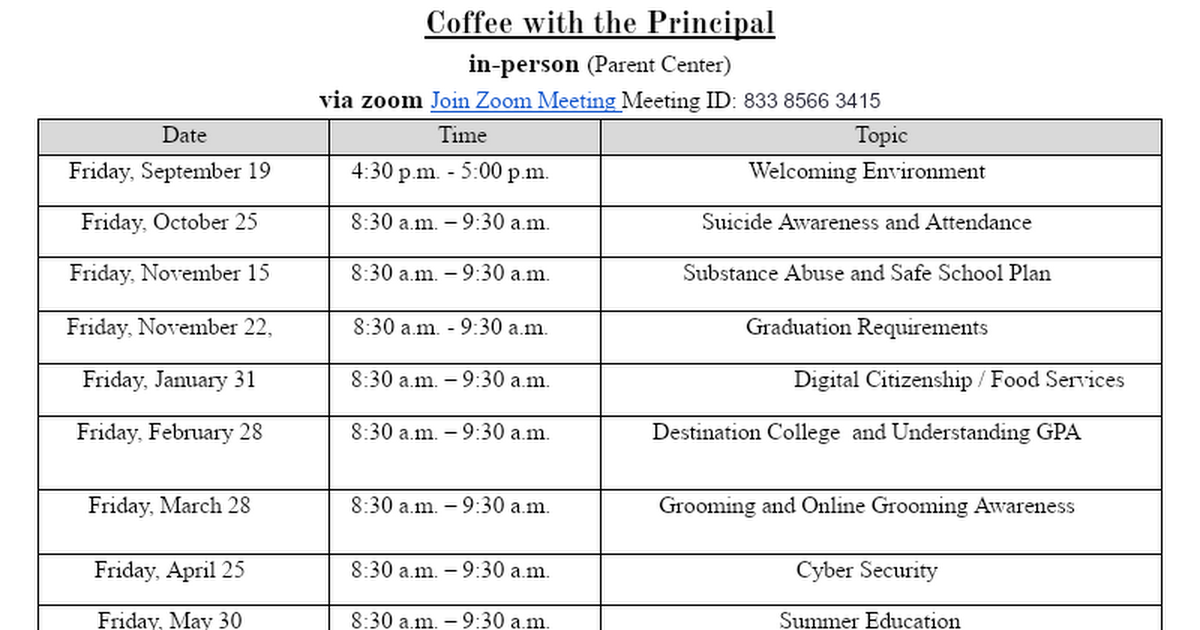 2024-2025 Coffee with the Principal