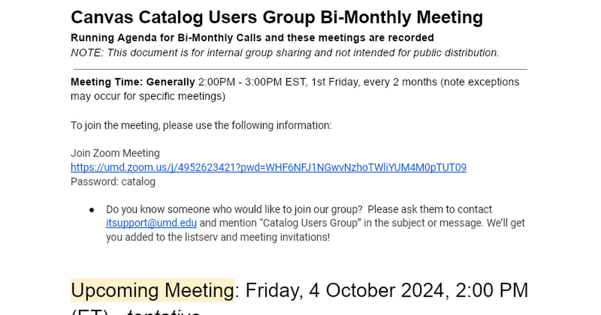 Canvas Catalog Users Group Monthly Meeting