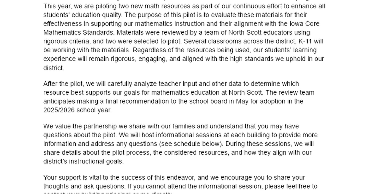 Math pilot parent review notice