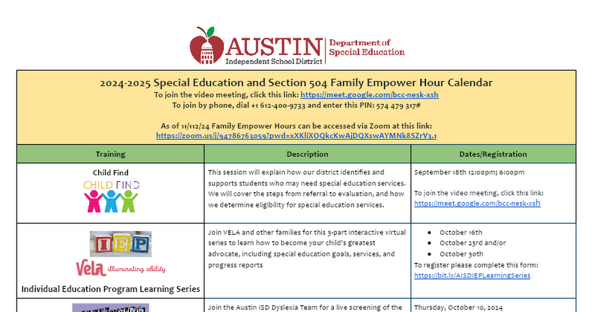 2024-2025 AISD 504/SPED Family Empower Hour Calendar