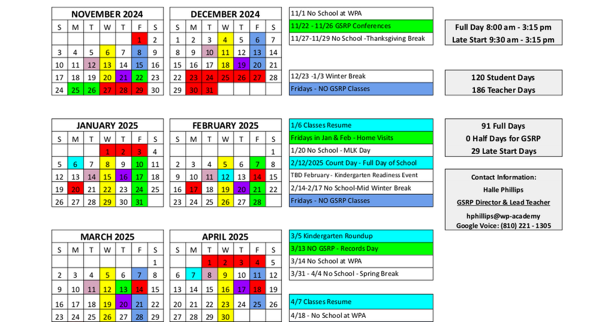 GSRP 2024-2025 WPA Calendar