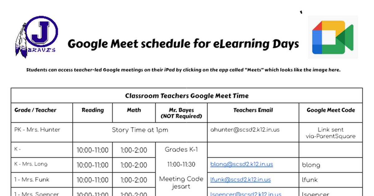 JES eLearning Google Meet Schedule