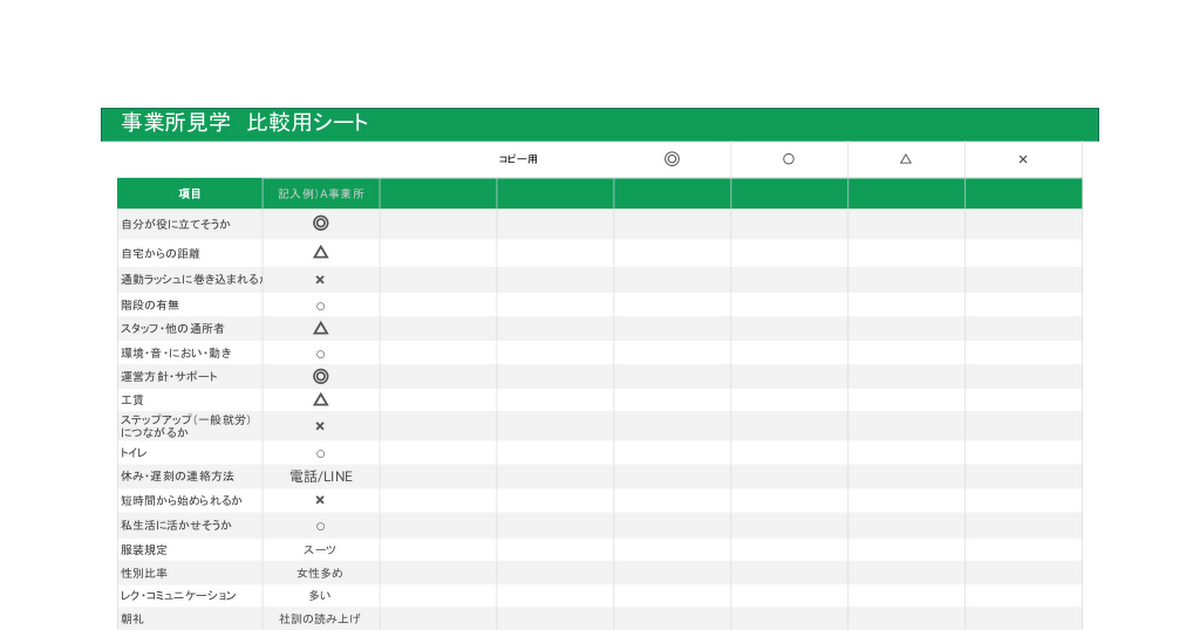 「事業所見学記録　比較用シート」 - Google スプレッドシート