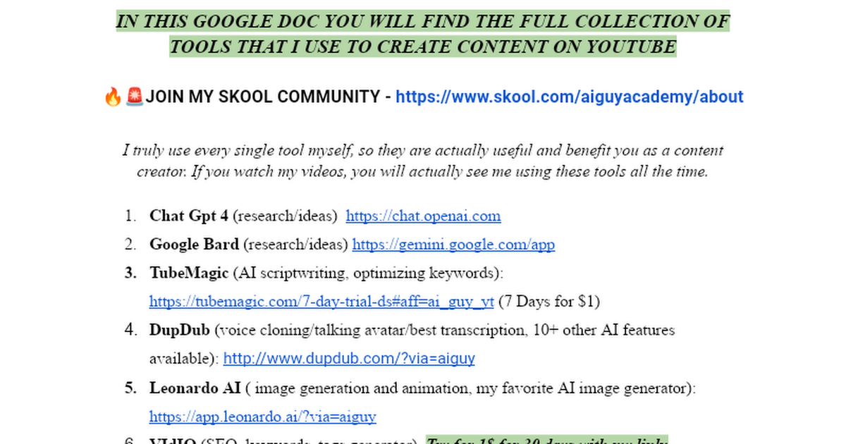 Ready go to ... https://docs.google.com/document/d/1zXutluh25cppabbV7JqS08MCo1DlzRWfKHSRayTCDvo/edit?usp=sharingYOUTUBE [ AI Tools from AI Guy]