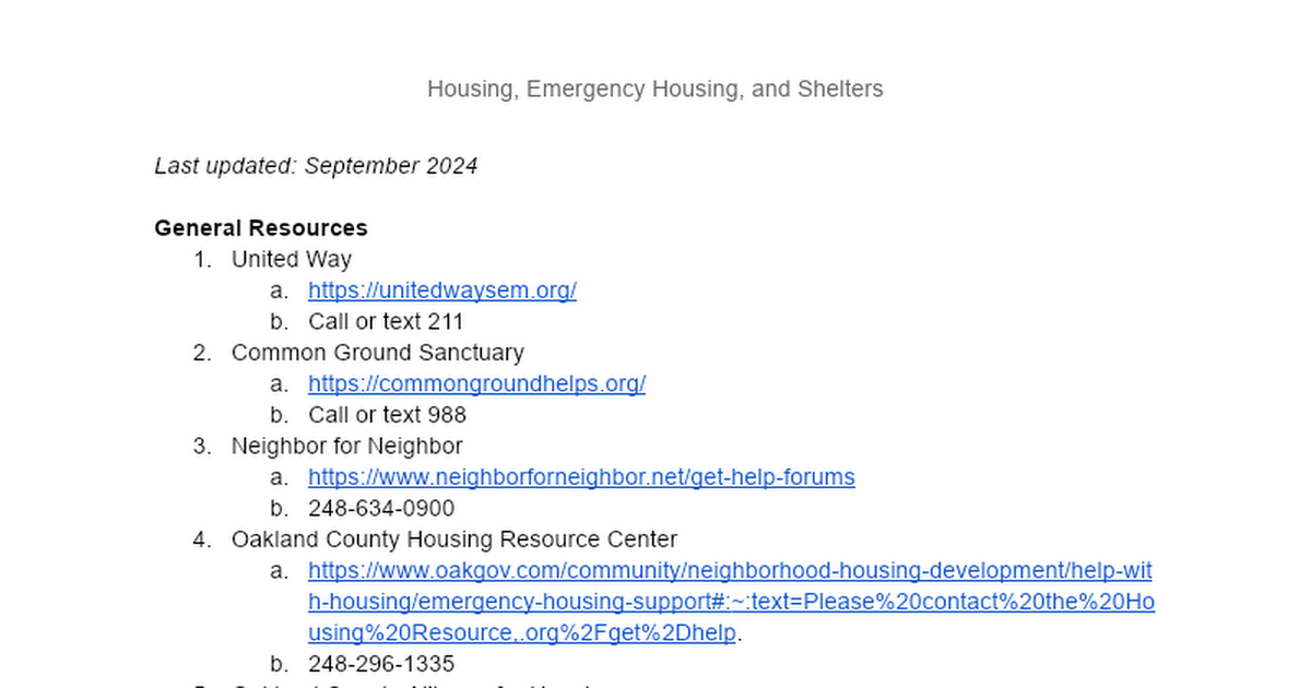 Housing, Emergency Housing, and Shelters