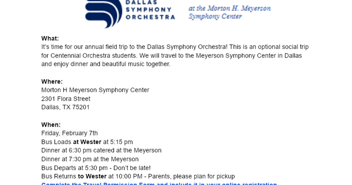 Centennial Orchestra Dallas Symphony Orchestra Parent Letter