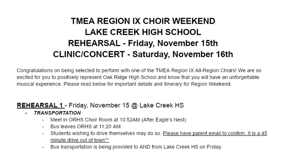 ORHS Region Weekend Info