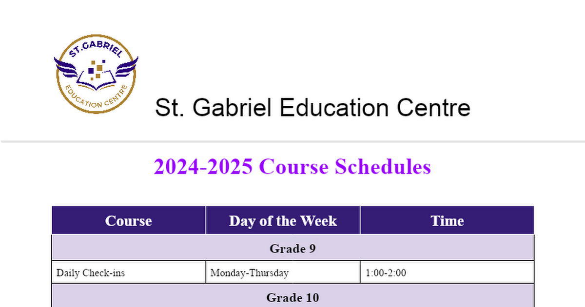 SGEC Class Schedules 2024/2025