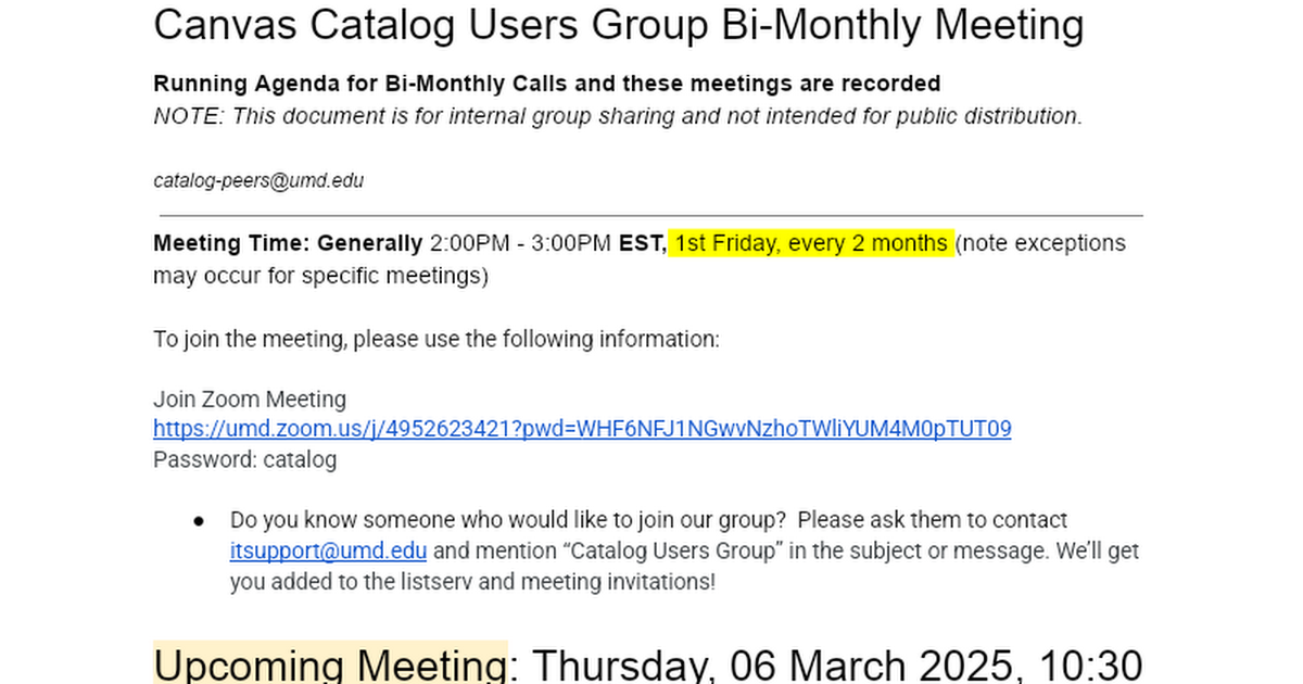 Canvas Catalog Users Group Monthly Meeting