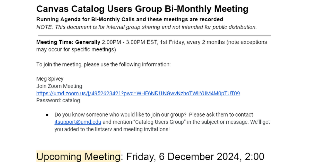 Canvas Catalog Users Group Monthly Meeting