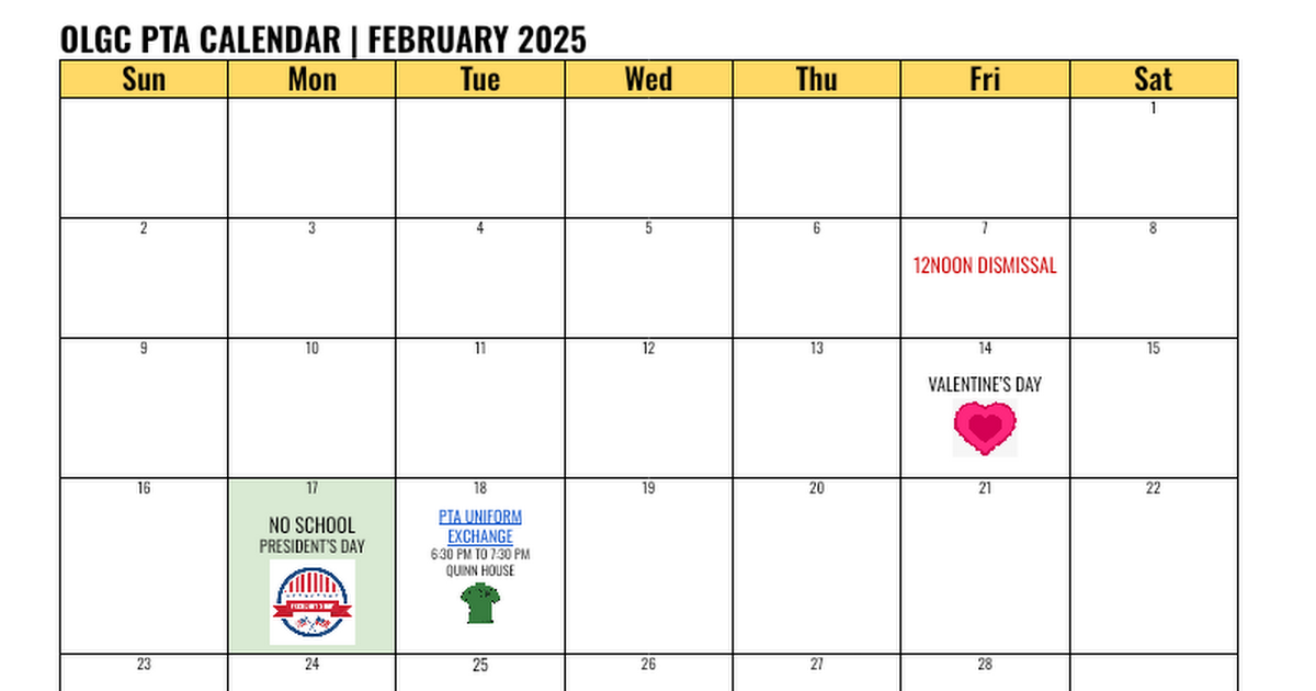 2024-2025 OLGC PTA Calendar