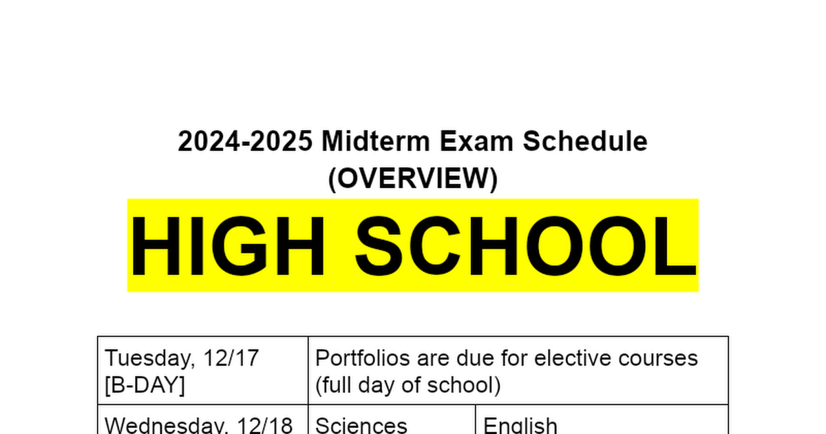 HS Midterm Exam Information for Parents and Students 2024