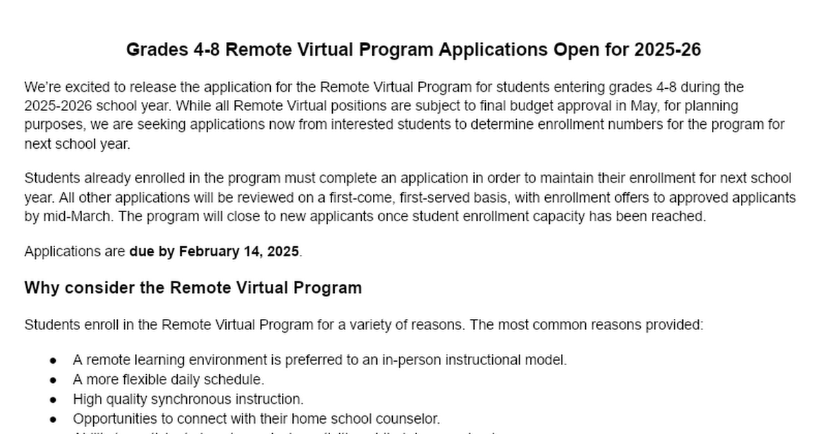 Grades 4-8 Remote Virtual Program Applications Open for 2025-26