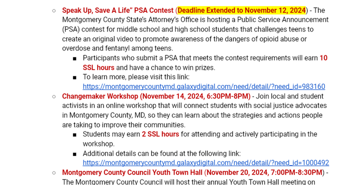 Parkland Newsletter SSL Hour Opportunities