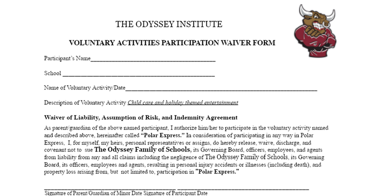 POLAR EXPRESS WAIVER FORM