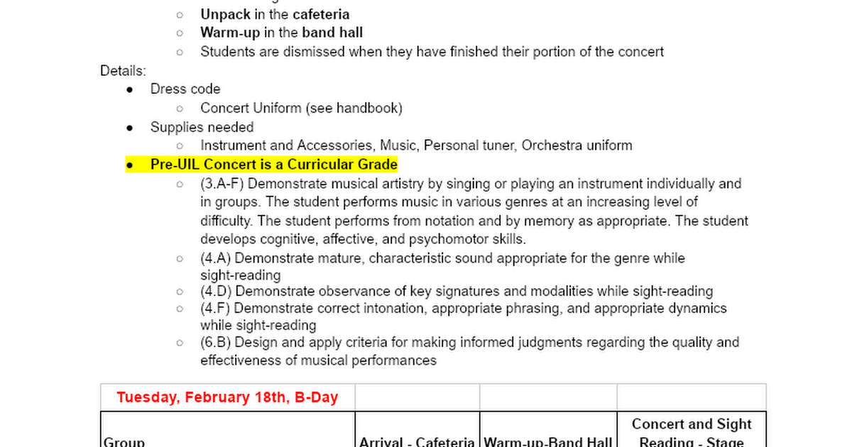 Pre-UIL Concert Information Handout