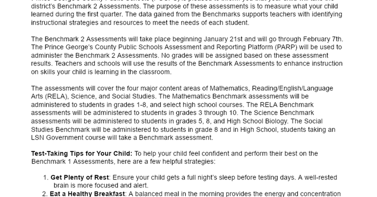 Benchmark 2 Winter 2025 Parent Letter